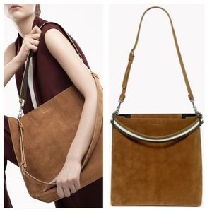 🆕 THEORY Urban Bucket Tote Bag Camel Suede NWOT